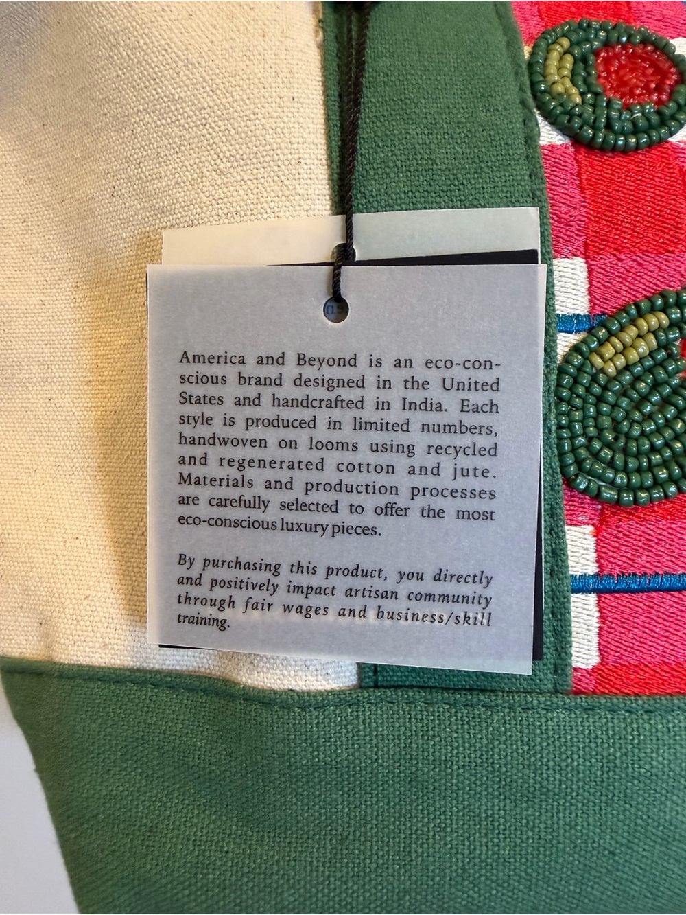 America & Beyond Olive Beaded Canvas Boat Tote - Green and Cream - Picture 4 of 5